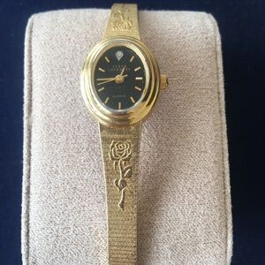 Gold-Tone Floral Bracelet Watch with Black Dial